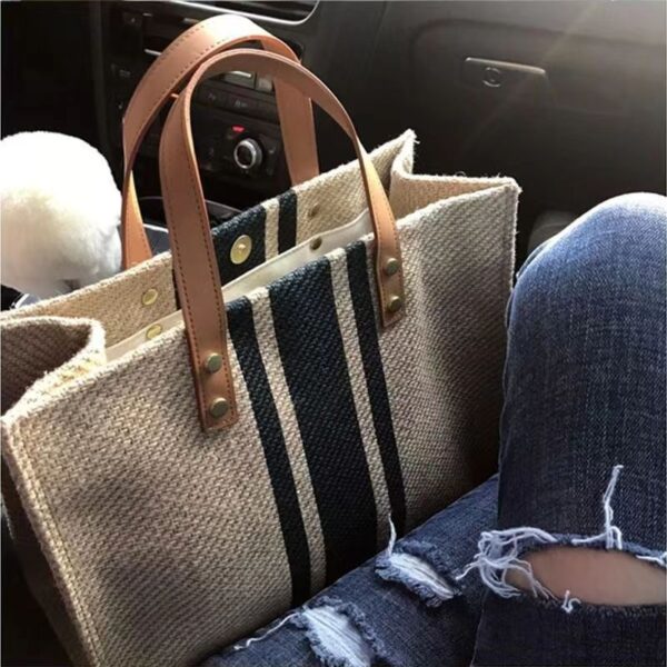 Korean version of women's handheld briefcase ZxxB portable business commuter stripes simple square canvas big bag