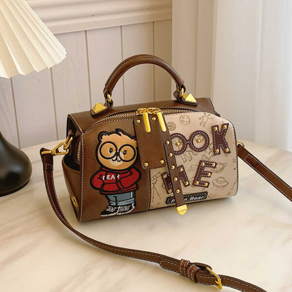 Fashionable Retro Bear Print Versatile Boston Tote Bag, Large Capacity Shoulder Crossbody Bag.