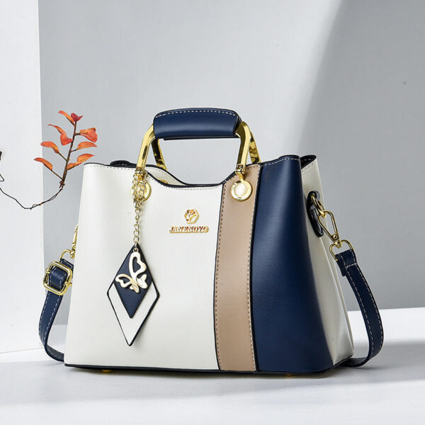 Stylish Colorblock Tote Bag for Women – Navy Blue, White & Beige Two-Tone Design with Golden-Toned Hardware, Adjustable Shoulder Strap, Magnetic Closure, Spacious Interior, Lightweight & Versatile for Everyday Use, Purse